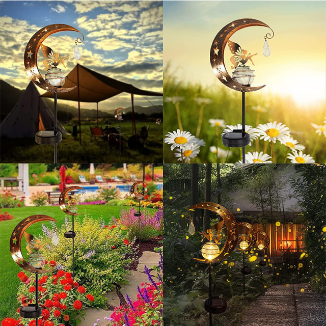 Milalit Solar Iron Metal Butterfly Girl Stake Light Moon Shape Lawn Insert LED Lamp Moon Fairy Glass Globe with Angel Decoration Waterproof Warm LED Light Decorations for Pathway Lawn Patio Yard Backyard