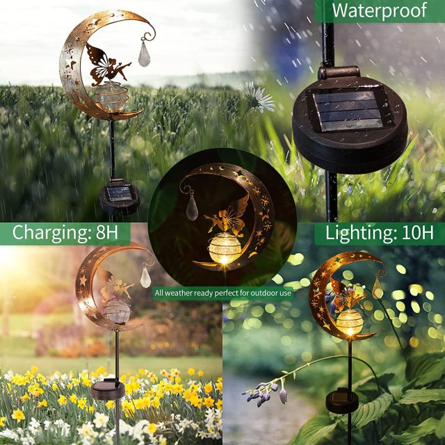 Milalit Solar Iron Metal Butterfly Girl Stake Light Moon Shape Lawn Insert LED Lamp Moon Fairy Glass Globe with Angel Decoration Waterproof Warm LED Light Decorations for Pathway Lawn Patio Yard Backyard