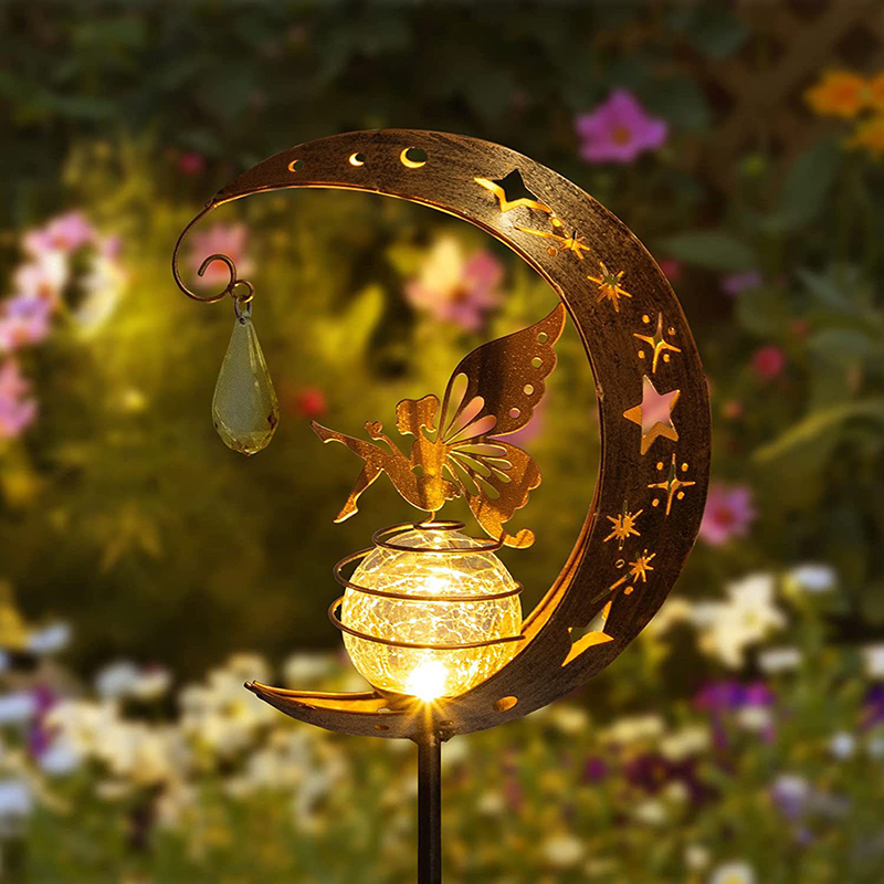 Milalit Solar Iron Metal Butterfly Girl Stake Light Moon Shape Lawn Insert LED Lamp Moon Fairy Glass Globe with Angel Decoration Waterproof Warm LED Light Decorations for Pathway Lawn Patio Yard Backyard
