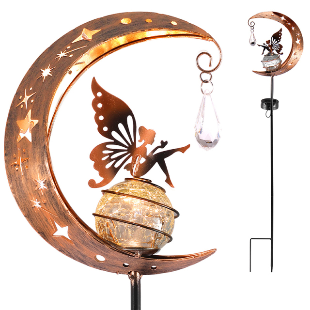 Milalit Solar Iron Metal Butterfly Girl Stake Light Moon Shape Lawn Insert LED Lamp Moon Fairy Glass Globe with Angel Decoration Waterproof Warm LED Light Decorations for Pathway Lawn Patio Yard Backyard