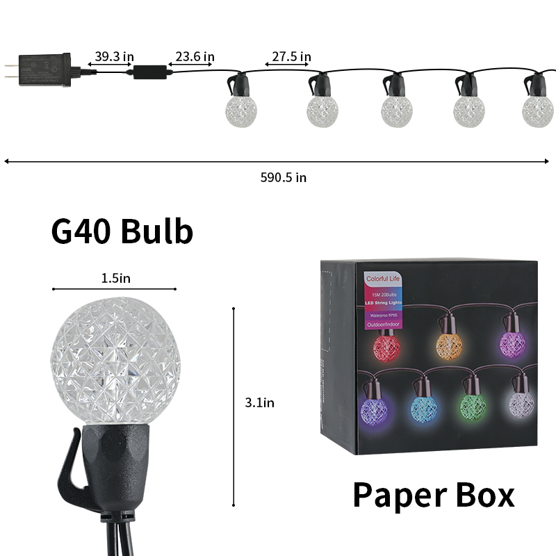 G40 Bluetooth APP Controlled 2.4G Remote Control Colorful Crystal Ball String LED Lighting Bulbs 15m 15 LED 20LED Acrylic CE RoHs UL FCC UCKA Certified Waterproof Outdoor String Lamps for Holiday Christmas Halloween Party