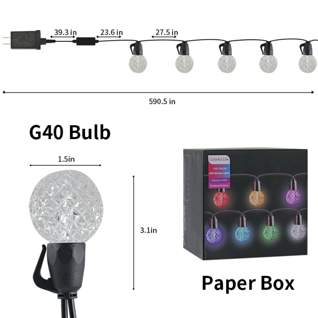 G40 Bluetooth APP Controlled 2.4G Remote Control Colorful Crystal Ball String LED Lighting Bulbs 15m 15 LED 20LED Acrylic CE RoHs UL FCC UCKA Certified Waterproof Outdoor String Lamps for Holiday Christmas Halloween Party