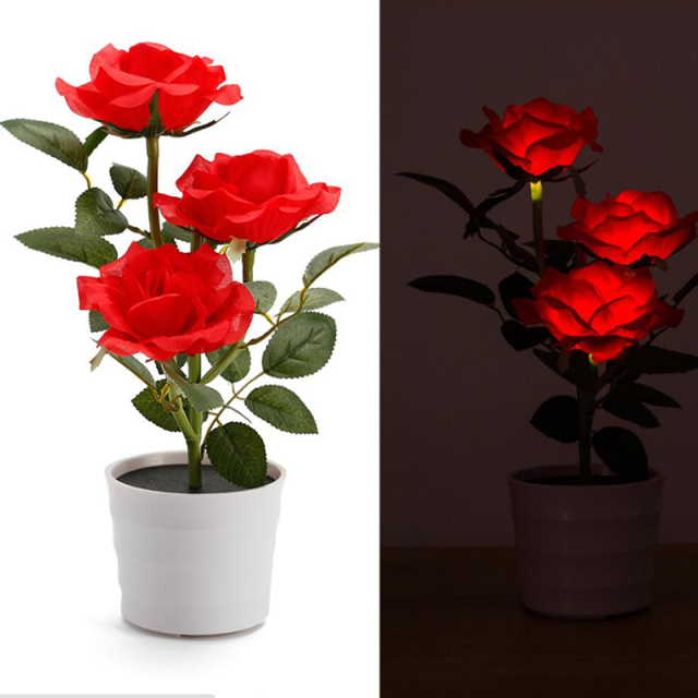 Milalit 3 LED Solar Powered Rose Flowerpot Light Waterproof Artificial Floral Decorative Lamps for Table Balcony Garden Yard Patio Decor Decorative Artificial Rose Light Flower Pot 3 LED Lamp for Holiday Festival Valentine Birthday Thanksgiving Party