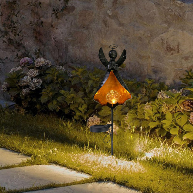 Milalit Solar Angel Light Metal Iron Flickering Angle Set-Dancing Waterproof Durable Outdoor Landscape Stake Light LED Glass Crack Bulb Design Yard Lights