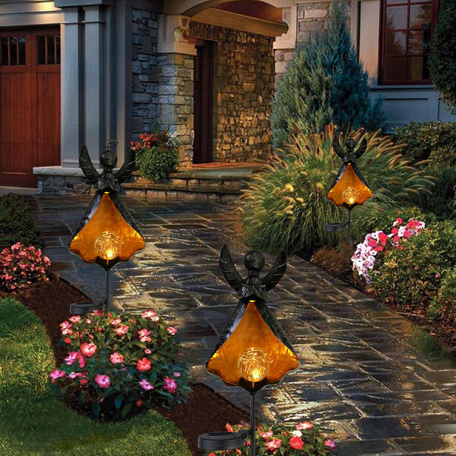 Milalit Solar Angel Light Metal Iron Flickering Angle Set-Dancing Waterproof Durable Outdoor Landscape Stake Light LED Glass Crack Bulb Design Yard Lights