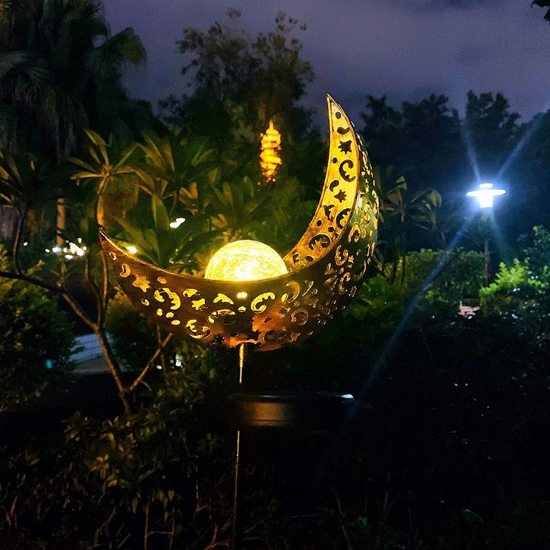Milalit Solar Moon Lights Iron Craft Moonlight Shape Metal Light Stake Lamp Outdoor Post Luces Solares Lighting Lamps Metal Glass Bulb for Garden Lawn Lighting Holiday Festival Halloween Decoration