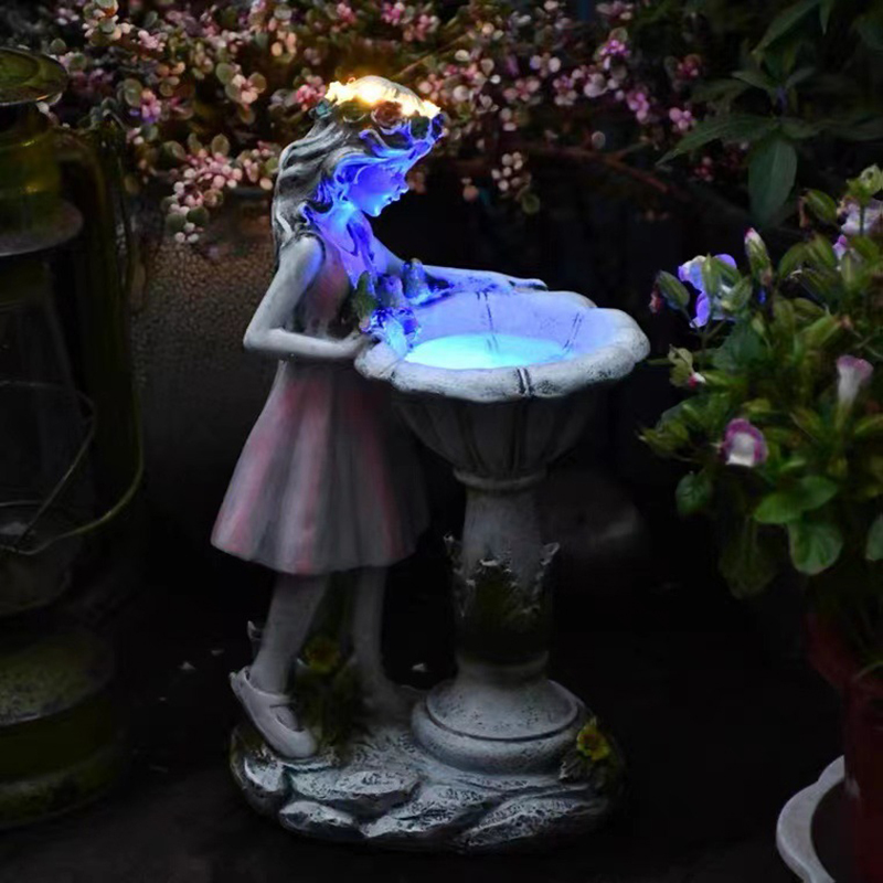 Milalit Big Size Figurine Resin Crafts Garden Ornament Flower Fairy Angel Little Girl Wear Flower Hat Solar Blue Light Sculpture Garden Statue For Home Yard Halloween Christmas Decoration