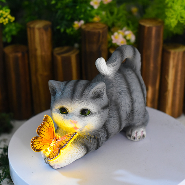 Milalit Resin Garden Cat Statue Play with Solar LED Butterfly Lantern Waterproof Animal Cute Kitty Sculpture Micro Landscape Ornament Garden for Patio Lawn Yard Grey and Yellow Color