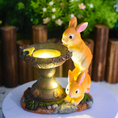 Milalit Rabbit Garden Ornaments with Solar Powered Lighting Durable Weatherproof 2 Bunny Resin Bird Bath Feed Animal Figure for Garden Lawn Home Easter Halloween Decoration Gift