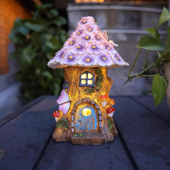 Milalit Outdoor Decorations Resin Crafts Solar House Lights Purple Flower Room with Mushroom Butterfly Decoration Fairy Tale Tree House LED Lamp Ornament for Balcony Courtyard Garden Lawn