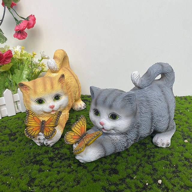 Milalit Resin Garden Cat Statue Play with Solar LED Butterfly Lantern Waterproof Animal Cute Kitty Sculpture Micro Landscape Ornament Garden for Patio Lawn Yard Grey and Yellow Color