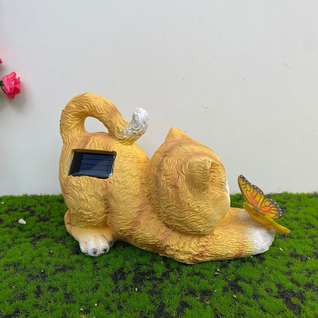 Milalit Resin Garden Cat Statue Play with Solar LED Butterfly Lantern Waterproof Animal Cute Kitty Sculpture Micro Landscape Ornament Garden for Patio Lawn Yard Grey and Yellow Color