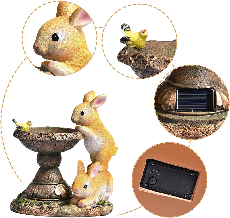 Milalit Rabbit Garden Ornaments with Solar Powered Lighting Durable Weatherproof 2 Bunny Resin Bird Bath Feed Animal Figure for Garden Lawn Home Easter Halloween Decoration Gift