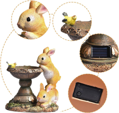 Milalit Rabbit Garden Ornaments with Solar Powered Lighting Durable Weatherproof 2 Bunny Resin Bird Bath Feed Animal Figure for Garden Lawn Home Easter Halloween Decoration Gift