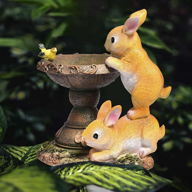 Milalit Rabbit Garden Ornaments with Solar Powered Lighting Durable Weatherproof 2 Bunny Resin Bird Bath Feed Animal Figure for Garden Lawn Home Easter Halloween Decoration Gift