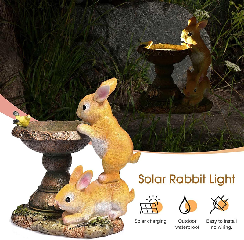 Milalit Rabbit Garden Ornaments with Solar Powered Lighting Durable Weatherproof 2 Bunny Resin Bird Bath Feed Animal Figure for Garden Lawn Home Easter Halloween Decoration Gift