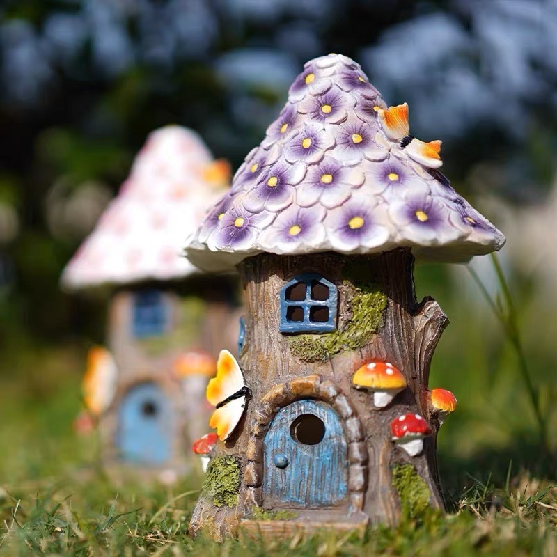 Milalit Outdoor Decorations Resin Crafts Solar House Lights Purple Flower Room with Mushroom Butterfly Decoration Fairy Tale Tree House LED Lamp Ornament for Balcony Courtyard Garden Lawn