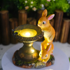 Milalit Rabbit Garden Ornaments with Solar Powered Lighting Durable Weatherproof 2 Bunny Resin Bird Bath Feed Animal Figure for Garden Lawn Home Easter Halloween Decoration Gift