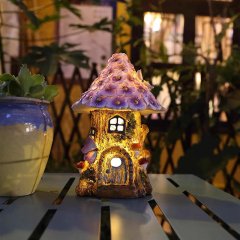 Milalit Outdoor Decorations Resin Crafts Solar House Lights Purple Flower Room with Mushroom Butterfly Decoration Fairy Tale Tree House LED Lamp Ornament for Balcony Courtyard Garden Lawn