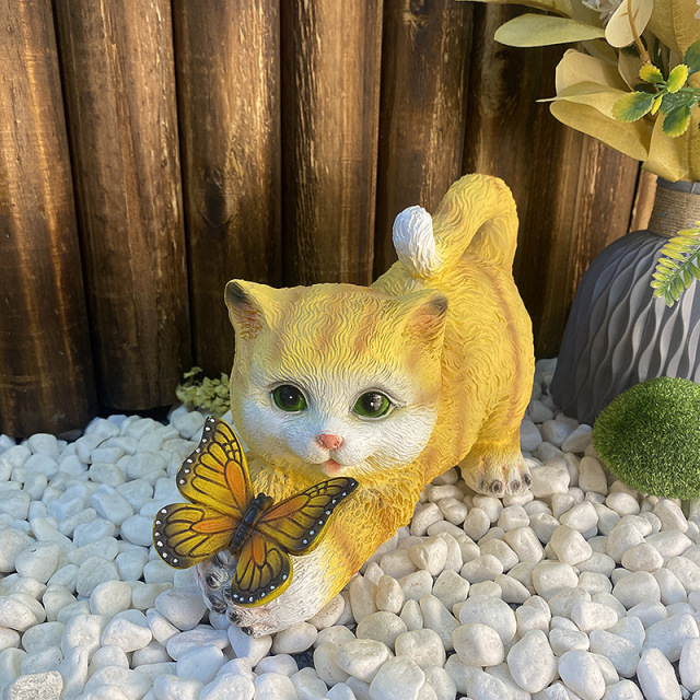 Milalit Resin Garden Cat Statue Play with Solar LED Butterfly Lantern Waterproof Animal Cute Kitty Sculpture Micro Landscape Ornament Garden for Patio Lawn Yard Grey and Yellow Color