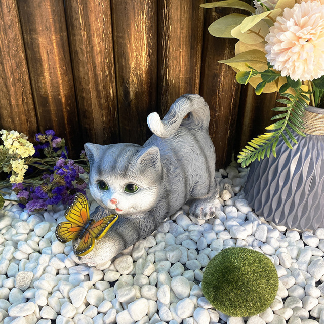 Milalit Resin Garden Cat Statue Play with Solar LED Butterfly Lantern Waterproof Animal Cute Kitty Sculpture Micro Landscape Ornament Garden for Patio Lawn Yard Grey and Yellow Color