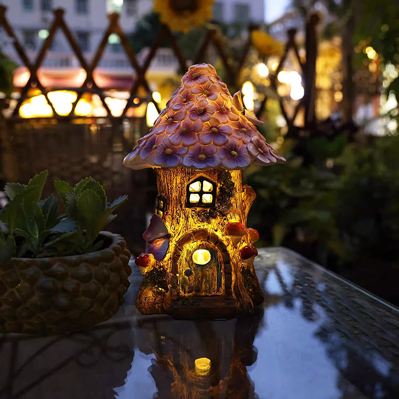 Milalit Outdoor Decorations Resin Crafts Solar House Lights Purple Flower Room with Mushroom Butterfly Decoration Fairy Tale Tree House LED Lamp Ornament for Balcony Courtyard Garden Lawn