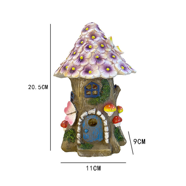 Milalit Outdoor Decorations Resin Crafts Solar House Lights Purple Flower Room with Mushroom Butterfly Decoration Fairy Tale Tree House LED Lamp Ornament for Balcony Courtyard Garden Lawn