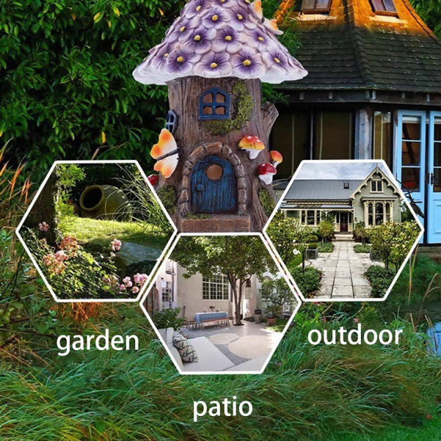 Milalit Outdoor Decorations Resin Crafts Solar House Lights Purple Flower Room with Mushroom Butterfly Decoration Fairy Tale Tree House LED Lamp Ornament for Balcony Courtyard Garden Lawn