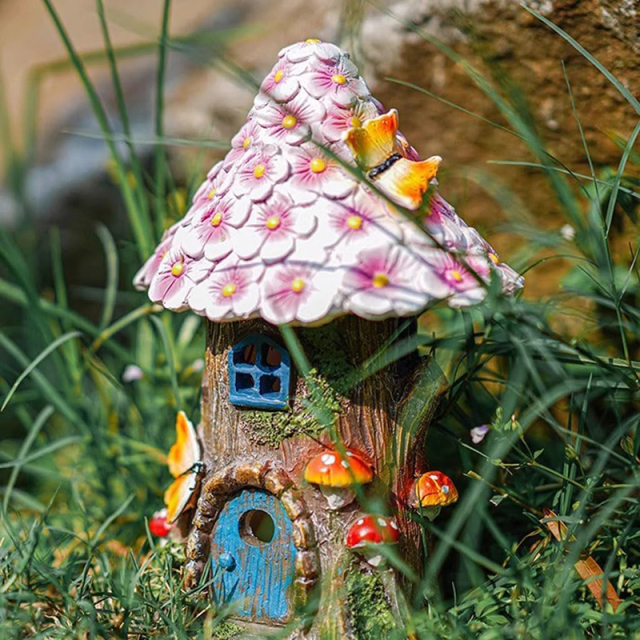 Milalit Outdoor Decorations Resin Crafts Solar House Lights Purple Flower Room with Mushroom Butterfly Decoration Fairy Tale Tree House LED Lamp Ornament for Balcony Courtyard Garden Lawn