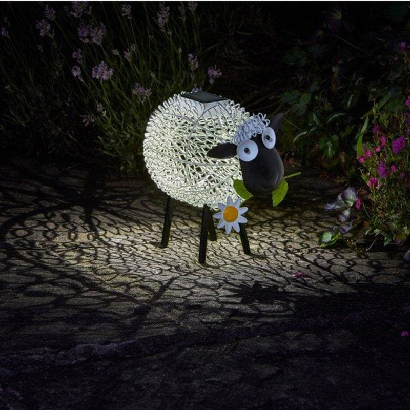 Milalit Solar Lights Outdoor Garden Metal Silhouette White Dolly Sheep Ornament Deco with Shadow Effect Flower Decorations Solar Powered Lamps with Led for Exterior Solar Wrought Iron Animal Sheep
