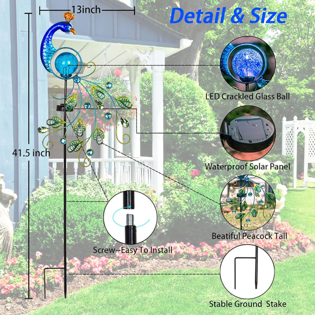 Milalit Blue Peacock Path Decoration Lighting Retro Solar Luminous Garden Pole Atrium Lawn Courtyard Decorative Bright Solar Powered Lamp for Home Decorations
