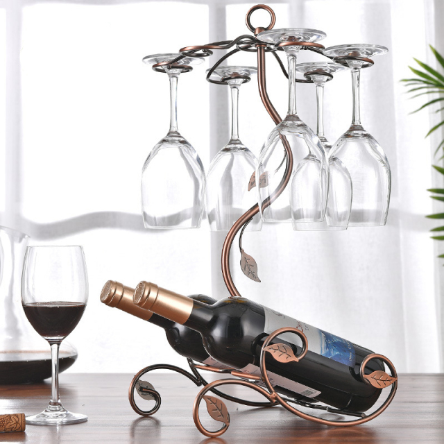Milalit Metal Wine Glasses Bronze Bottles Holders Iron Elegant High End G-Shaped Leaf Decor Wrought Display Stand Rack for Wine Alcohol Liquor Spirits Cocktail Brandy Whiskey Home Bar Kitchen Exhibition Decoration