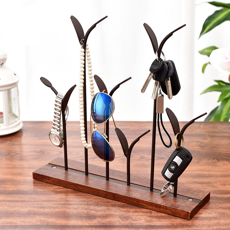 Milalit Bronze Metal Europe Style Decorative Iron Holding Rack Display Stand Holders for Jewelry Sun Glasses Keys Watches Necklace with Wooden Base Stable Freestanding