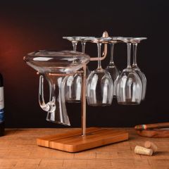 Milalit Hot Selling Europe Style Bronze Wine Glasses Holder Drying Rack Plus Decanter Drainer with Solid Wooden Base Champagne Black Bottle Display Stand Rack for Hotel Bara Kitchen Pub Exhibition