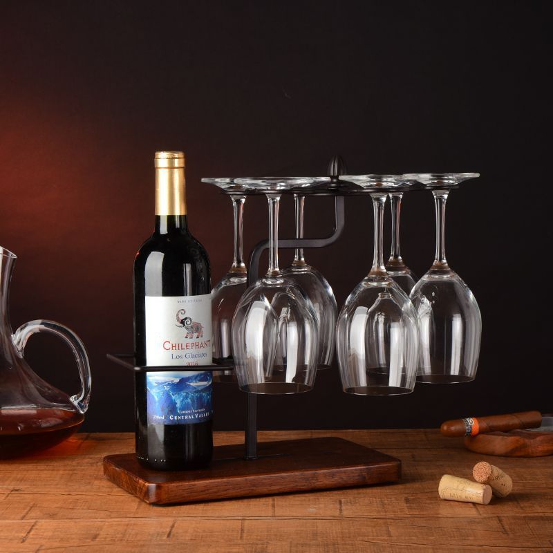 Milalit Hot Selling Europe Style Bronze Wine Glasses Holder Drying Rack Plus Decanter Drainer with Solid Wooden Base Champagne Black Bottle Display Stand Rack for Hotel Bara Kitchen Pub Exhibition