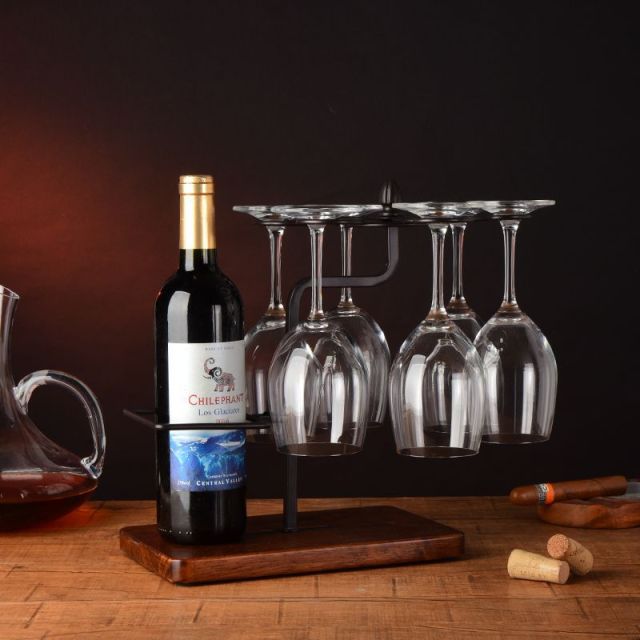 Milalit Hot Selling Europe Style Bronze Wine Glasses Holder Drying Rack Plus Decanter Drainer with Solid Wooden Base Champagne Black Bottle Display Stand Rack for Hotel Bara Kitchen Pub Exhibition