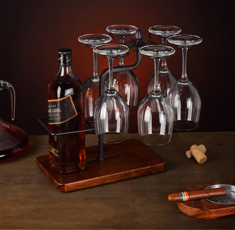 Milalit Hot Selling Europe Style Bronze Wine Glasses Holder Drying Rack Plus Decanter Drainer with Solid Wooden Base Champagne Black Bottle Display Stand Rack for Hotel Bara Kitchen Pub Exhibition