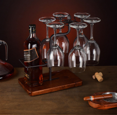 Milalit Hot Selling Europe Style Bronze Wine Glasses Holder Drying Rack Plus Decanter Drainer with Solid Wooden Base Champagne Black Bottle Display Stand Rack for Hotel Bara Kitchen Pub Exhibition