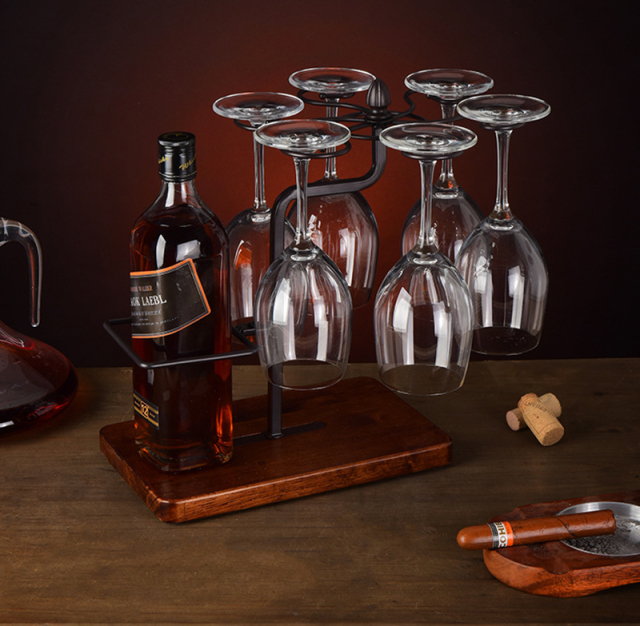 Milalit Hot Selling Europe Style Bronze Wine Glasses Holder Drying Rack Plus Decanter Drainer with Solid Wooden Base Champagne Black Bottle Display Stand Rack for Hotel Bara Kitchen Pub Exhibition