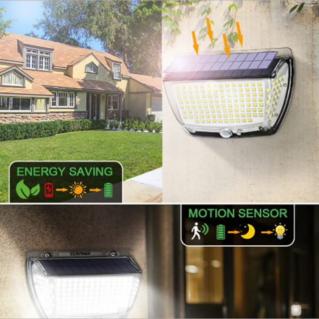 Milalit 160LED Solar LED Outdoor Light 160 LED 3 Sides Solar Powered Energy Saving 3 Lighting Modes with Human Motion Sensor Fence Garden Security Wall Lamp for Christmas Festival Holiday Lighting Decoration