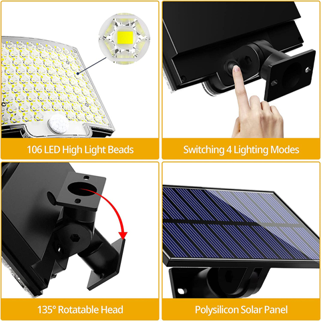 Milalit 106 LED Ultra Bright Outdoor Solar Light PIR Motion Sensor Wall Lights 4 Working Modes 106LED IP65 Waterproof Solar Security Lamp For Country House Garden Backyard Garage