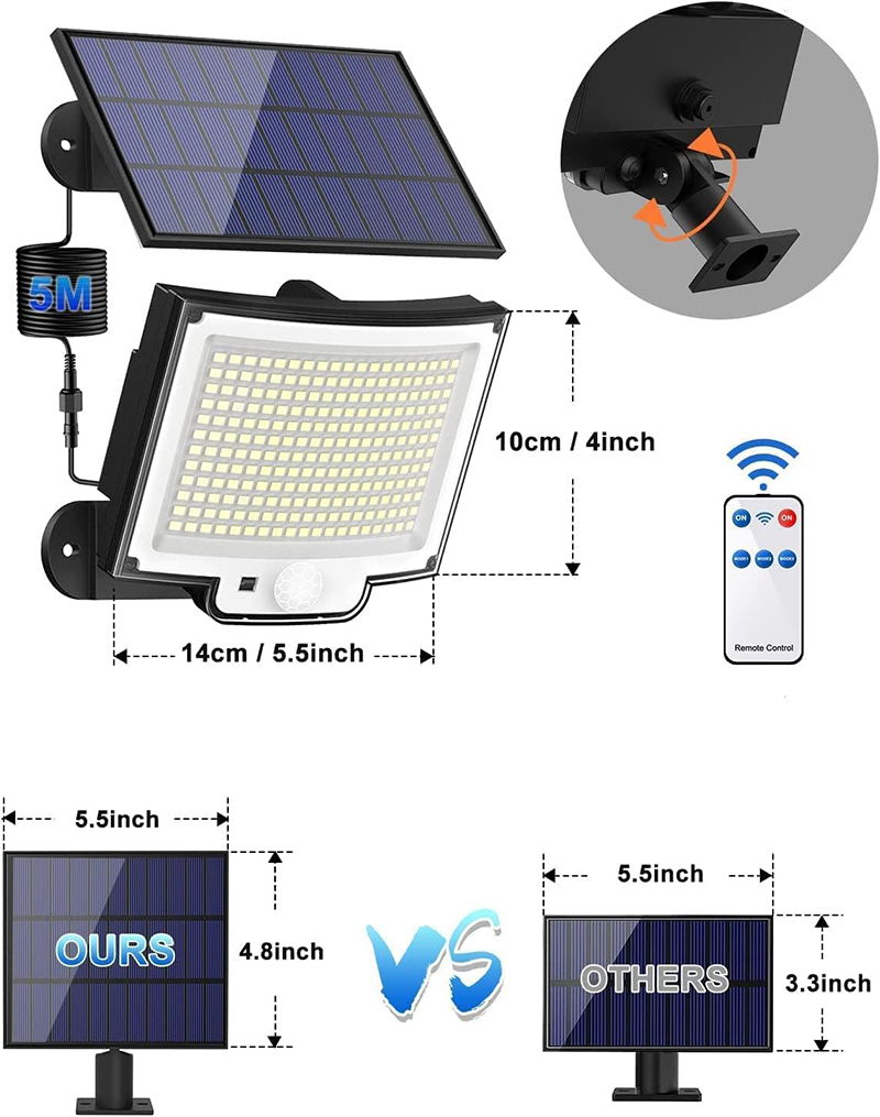 Milalit 228 LED Solar Outdoor Lights PIR Motion Sensor 3 Lighting Modes Flood Lights Dusk to Dawn IP65 Waterproof Led Solar Security Lights with Remote Control for Garage Patio Outside Yard Garden 5M Cable