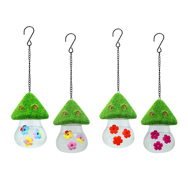 Milalit Garden Hanging Hummingbird Feeder Convenient Water Spout for Bird Honeybee Squirrel Lovers Seam Inside Mushroom Shape Glass Bottle Design Bird Feeder With Red Tie-dye Flowers Decorative Sun Protection birds Accessories Supplies