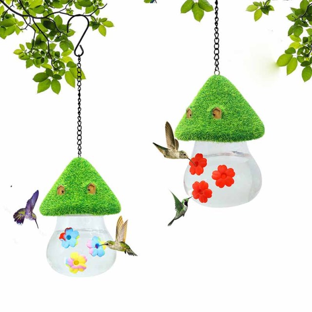 Milalit Garden Hanging Hummingbird Feeder Convenient Water Spout for Bird Honeybee Squirrel Lovers Seam Inside Mushroom Shape Glass Bottle Design Bird Feeder With Red Tie-dye Flowers Decorative Sun Protection birds Accessories Supplies