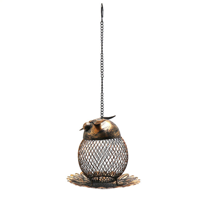Milalit Owl Shaped Outdoor Garden Wild Bird Feeder Hanging Metal Copper Bronze Color Birds Feeder with Chain and Hook for Robin Parrot Cuckoo Owl Birds