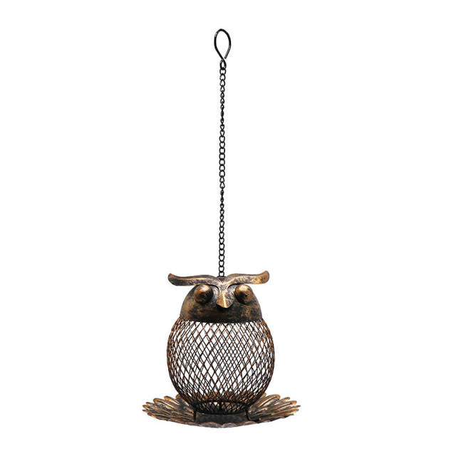 Milalit Owl Shaped Outdoor Garden Wild Bird Feeder Hanging Metal Copper Bronze Color Birds Feeder with Chain and Hook for Robin Parrot Cuckoo Owl Birds