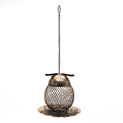 Milalit Owl Shaped Outdoor Garden Wild Bird Feeder Hanging Metal Copper Bronze Color Birds Feeder with Chain and Hook for Robin Parrot Cuckoo Owl Birds
