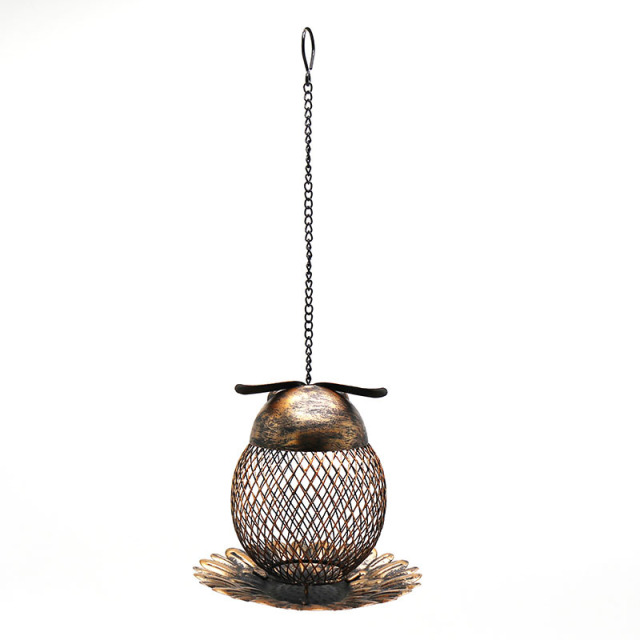 Milalit Owl Shaped Outdoor Garden Wild Bird Feeder Hanging Metal Copper Bronze Color Birds Feeder with Chain and Hook for Robin Parrot Cuckoo Owl Birds