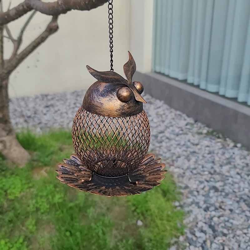 Milalit Owl Shaped Outdoor Garden Wild Bird Feeder Hanging Metal Copper Bronze Color Birds Feeder with Chain and Hook for Robin Parrot Cuckoo Owl Birds