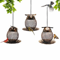 Milalit Owl Shaped Outdoor Garden Wild Bird Feeder Hanging Metal Copper Bronze Color Birds Feeder with Chain and Hook for Robin Parrot Cuckoo Owl Birds